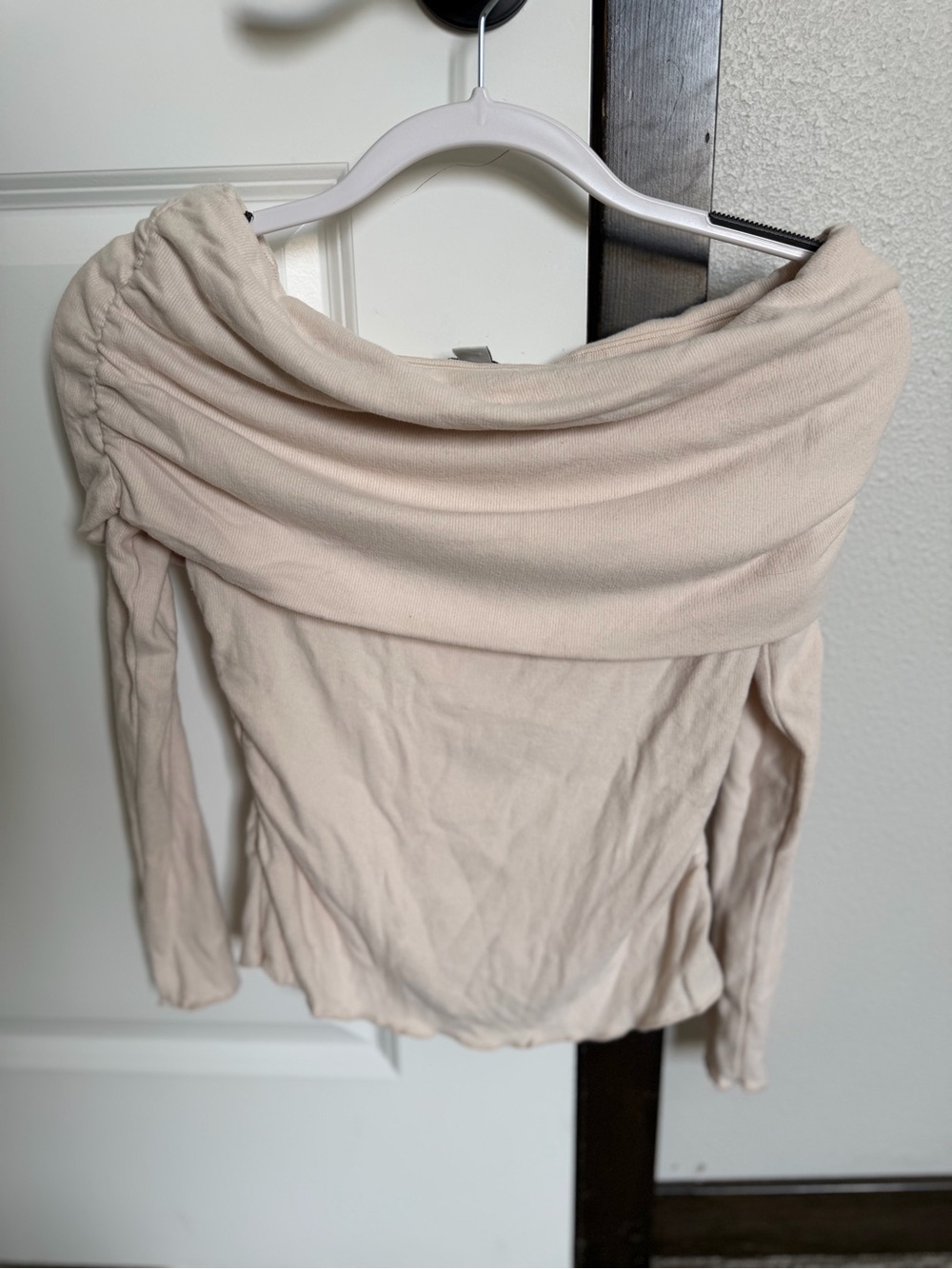 Buckle Off-the-Shoulder Fold-Over Sweater - Cream